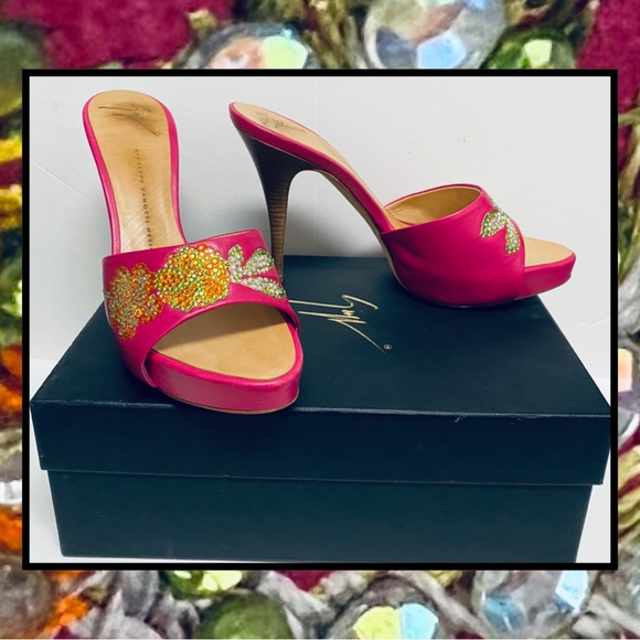 Giuseppe Zanotti Fuschia Pink Leather Floral Crystal Stiletto Mule Slide Shoe 9B - Picture 5 of 10